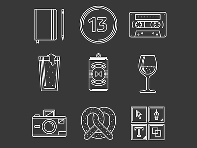 Miles Design Party Icons beer button camera can illustrator mixtape pretzel sketch tools wine