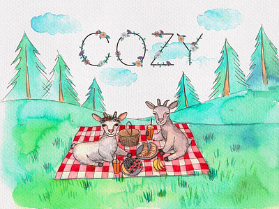 Cozy kozy book cozy cute goats green illustration kids illustration kidsbook nature picnic