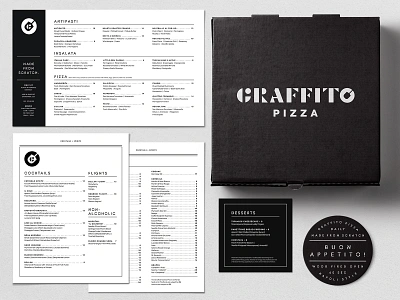 GP Menu & Packaging box brand branding coaster cocktails dessert dinner food italian menu orlando packaging pizza pizza box pizzeria restaurant