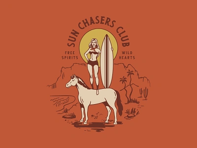 Sun Chasers Club badges baja bandana beach bohemian cowgirl desert gypsy horse lockups mountains nomada surf board surfboard surfer surfing tshirt vacation waves