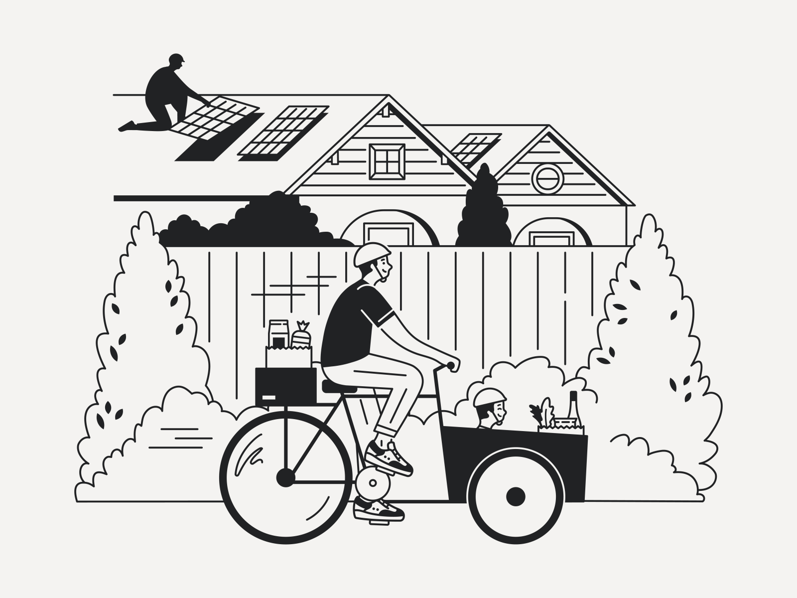 Quick ride to the grocery store. bicycle bike bungalow bushes carbon footprint character design city cityscape climate change eco-friendly ecofriendly environmental family fatherhood landscape neighborhood parenthood solar energy solar panels