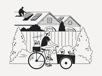 Quick ride to the grocery store. bicycle bike bungalow bushes carbon footprint character design city cityscape climate change eco friendly ecofriendly environmental family fatherhood landscape neighborhood parenthood solar energy solar panels