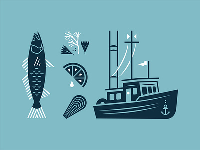 Seafood: Illustration Pack anchor bass boat brand branding clam dill fish fishing flag garnish herbs lemon marina ocean oyster restaurant sea spices