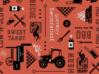 Smokehouse: Packaging Pattern axe barbecue bbq bottle cleaver farm farm to table fire flame grill grilling houndstooth logs napkin sauce smokehouse smoker southern tractor wood