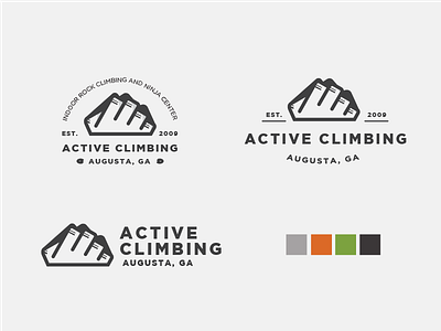 Active Climbing Logo Variations badge branding climbing hand lock up logo mountain rock