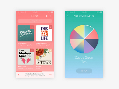 Customisable Podcast App Concept app cards clean color color palette customise gradient ios mobile podcast theme ui