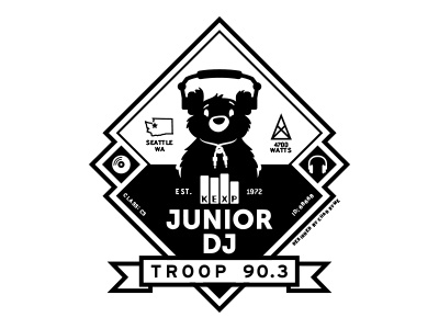 Troop 90.3 (version 1) badge bear chad syme dj graphic apparel illustration kexp music retro scout troop seattle