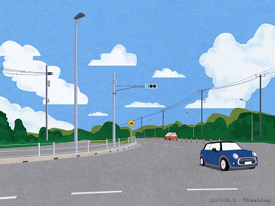 On the road blue car drive flat illustration mini cooper road sky