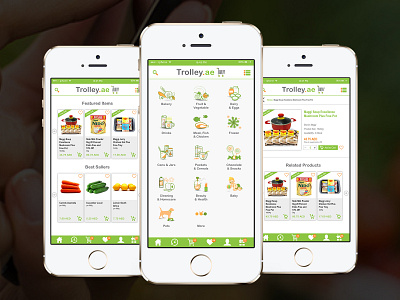 Trolley Online Grocery Mart Mobile Application - UX/UI Design app branding design graphic design grocery icon illustration logo mart online shopping store trolley trolley.ae ui ux vector