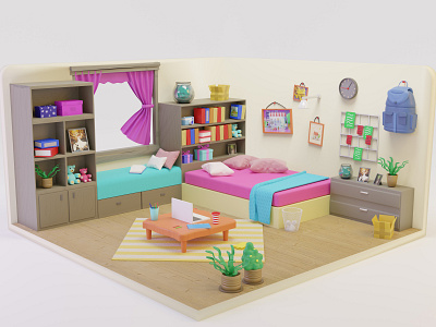 3D Bed Room Isometric Illustration