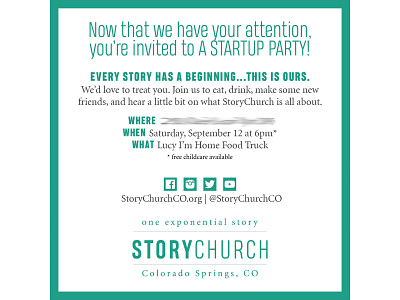 StoryChurch: Startup Party branding church church branding church marketing church startup event event marketing events nonprofit party invitation postcard