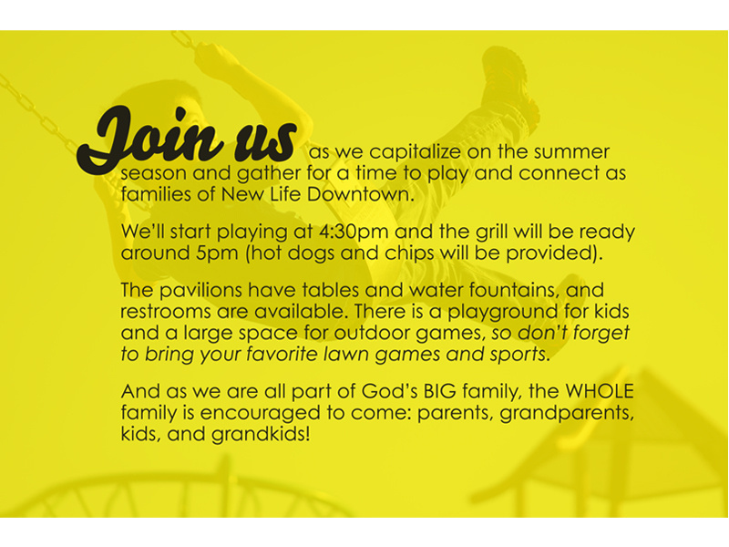 Picnic in the Park / NLD family nld new life downtown new life church church marketing church branding church design postcard design postcard picnic nonprofit non-profit colorado springs colorado
