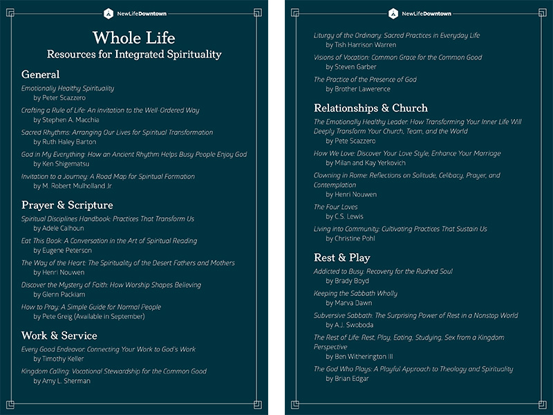 Whole Life Resources for Integrated Spirituality books worksheet handout colorado springs colorado non-profit nonprofit new life church new life downtown nld