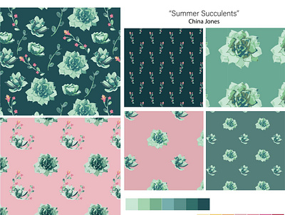 Summer Succulent Collection adobe illustrator apparel design cool tone floral graphic illustration pattern pattern design product design repeat pattern seamless pattern succulents summer surface pattern vector illustration watercolor