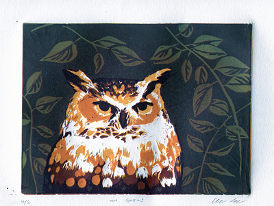 "Gazing Owl" Linocut animals fine art liinocut nature owl printmaking