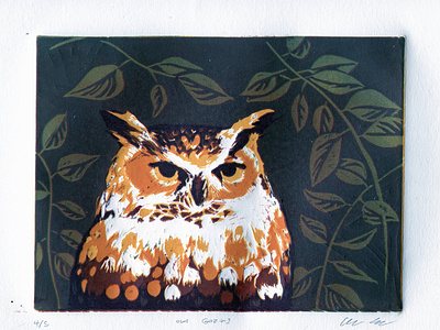 "Gazing Owl" Linocut