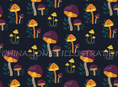"Bioluminescent Mushrooms" Pattern adobe illustrator floral fungi illustrations mushrooms repeat pattern seamless pattern vector illustration
