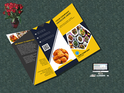 restaurant trifold brochure design. offer print print ready promotion red restaurant slant square trifold white