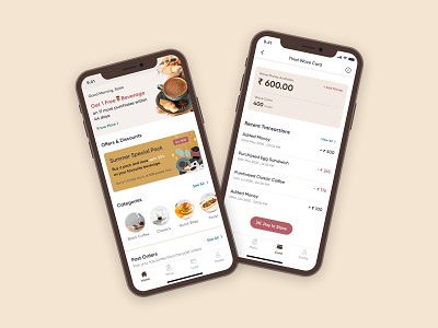 Home & Wallet Screens - Cafe App cafe cafe app coffee drink e card e wallet figma food home screen information architecture interaction design iterative mobile app design prototyping redesign ui design user research ux design visual design wireframing