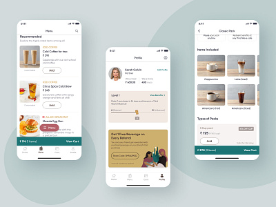 Menu & Profile Screens - Cafe App beverage cafe cafe app coffee drink figma food illustration information architecture interaction design menu screen mobile app design profile screen prototyping redesign ui design user research ux design visual design wireframing