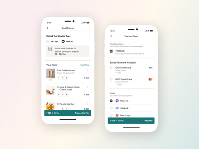 Cart & Payment Screens - Cafe App beverages cafe cart coffee figma food gradient information architecture interaction design mobile app design offers payment prototyping redesign snacks ui design user research ux design visual design wireframing