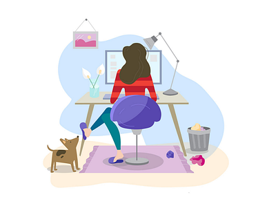 Working at home with lovely pet draw flat flat illustration freelancer graphic design illustration minimal online vector woman work