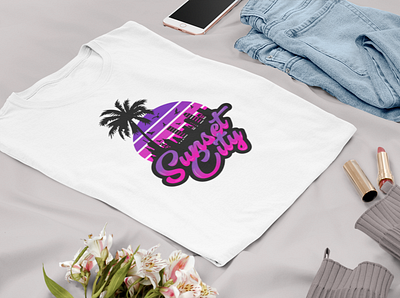 summer t shirt design sunset city with palm tree