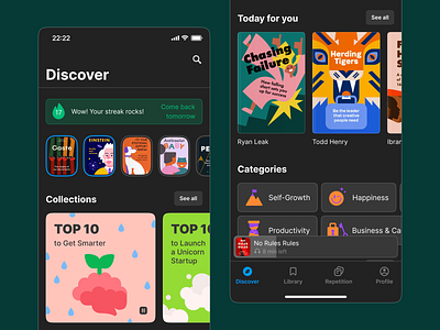 Home screen books colors cover dark mode discover home screen illustration mobile app product design reading summary ui ux