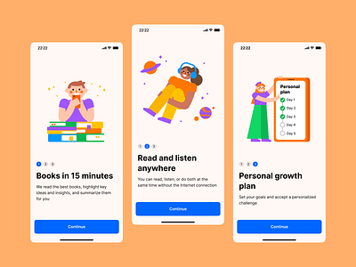 The first onboarding steps books colors dark mode development headway illustration knowledge mobile app onboarding personal plan product design reading self growth steps summary ui ux