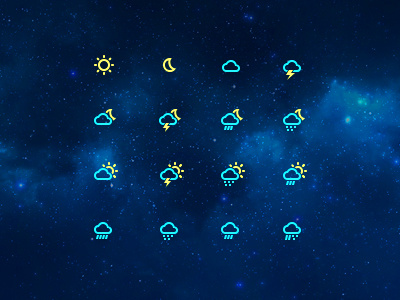 Weather icons blue cloud flat icon light line moon rain snow sun weather yellow