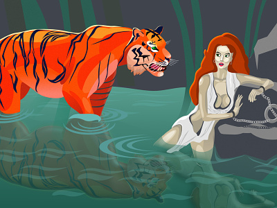 Tiger with Woman in Jungle beautiful jungle jungle book jungle minds tiger vector water woman woman illustration woman portrait wood work