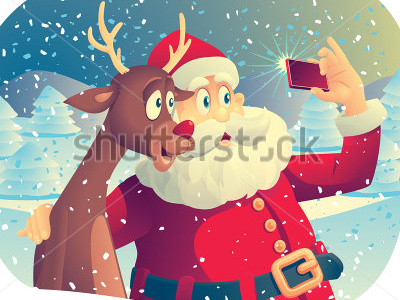 Santa Claus And The Reindeer Taking A Photo Togethe cartoon christmas claus funny humor instagram reindeer retro santa selfie smartphon vector