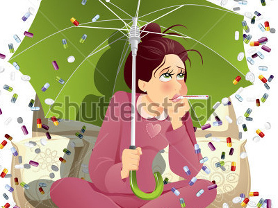 Under the Weather Stock Vector cartoon ill medication pill pills rain sick vector woman