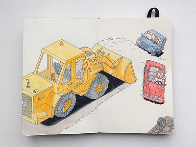Clearing streets from snow (and cars) car illustration loader micron moleskine sketch watercolor