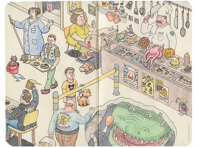Feeding Time In The Canteen canteen creatures diner drawing eating feeding illustration monster octopus surrealism weird wimmelbuch