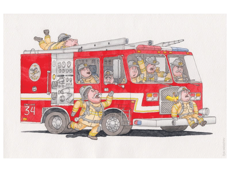 ‘Firefighter Pig Squad’ — drawing process animation drawing emergency engine firefighters illustration layers pigs swine video wip workinprogress