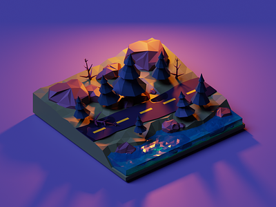 Mystery Road 3d 3d practice blender design forest graphic design illustration isometric low poly mystery night river road sunset