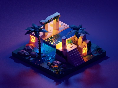 3D Ruins 3d 3d practice 3d tutorial ancient blender design graphic design illustration low poly moonlight night palms ruins ui