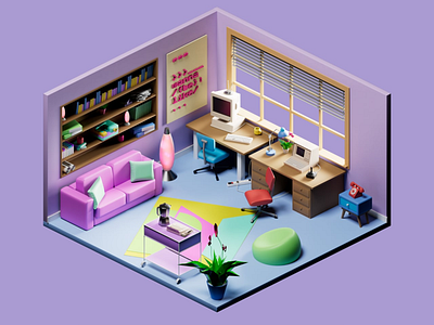 Retro Office 3D 3d 3d modelling 3d practice cinema4d design graphic design illustration isometry office retro room ui