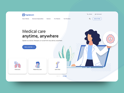 Telehealth Homepage Header design doctor figma header healthcare heroshot home homepage hospital icons illustration landing page layout medicine telehealth ui user experience user interface ux web design