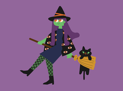 Green witch cat green halloween october purple spooky witch
