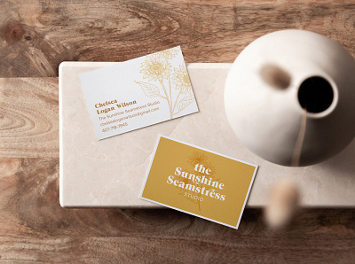 The Sunshine Seamstress Business Cards brand design brand identity brand strategy branding business card design seamstress sunflower logo