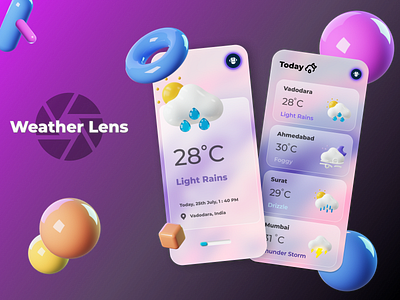 Weather App - Weather Lens 3d aesthetic design app design glass glassmorphology graphic design logo mobileapp ui ux vector weather