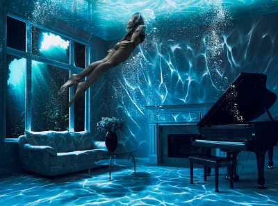 Flooded room compositing design illustration marjan ivkovic photo manipulation photoshop photoshop art piano underwater