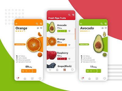 App UI Concept | Fresh Ripe Fruits android app avocado concept design flat fresh fruit grape green orange raspberry red ripe ui ux