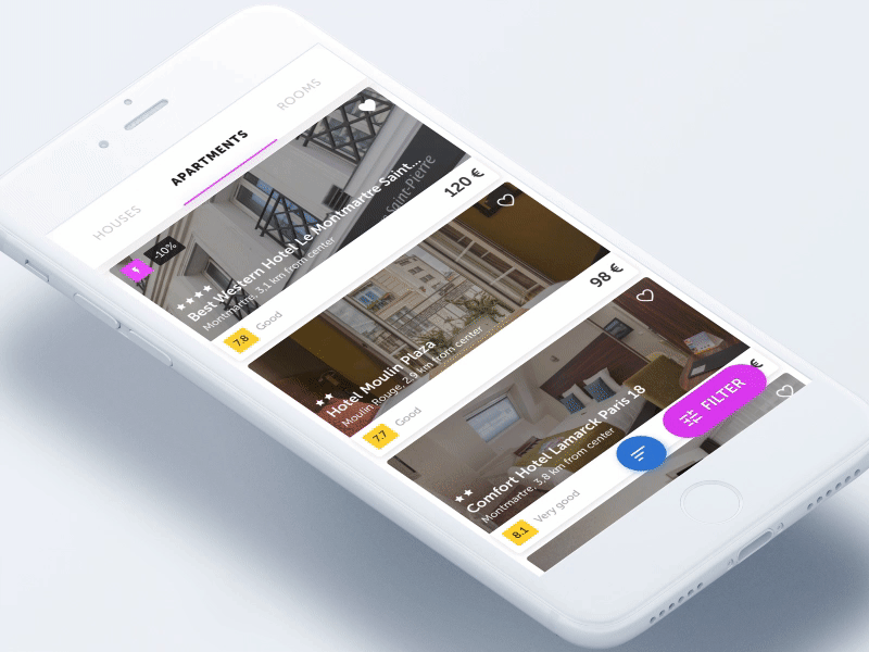 Filters Interaction app filter gif hotel ios mobile motion popup principle rent sort travel