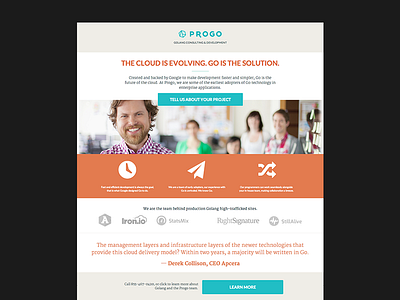 Progo clean cloud flat landing page orange simple solution teal testimonial web design website