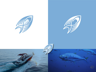 Speed Boat and Fish Logo blue boats branding fish graphic design logo modern ocean sea ships simple speedboats