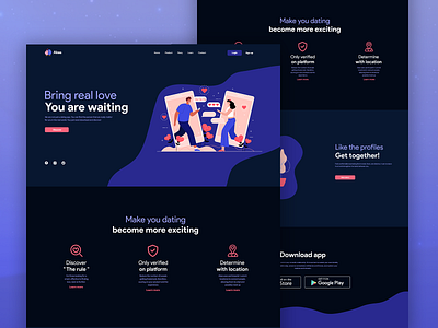 Dating landing page intro dark mode dating illustration love ui webdesign