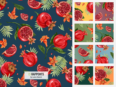 Pomegranate pattern fabric print floral flowers fruit graphic design illustration pattern pattern artist pattern design pomegranate seamless pattern surface design tropical